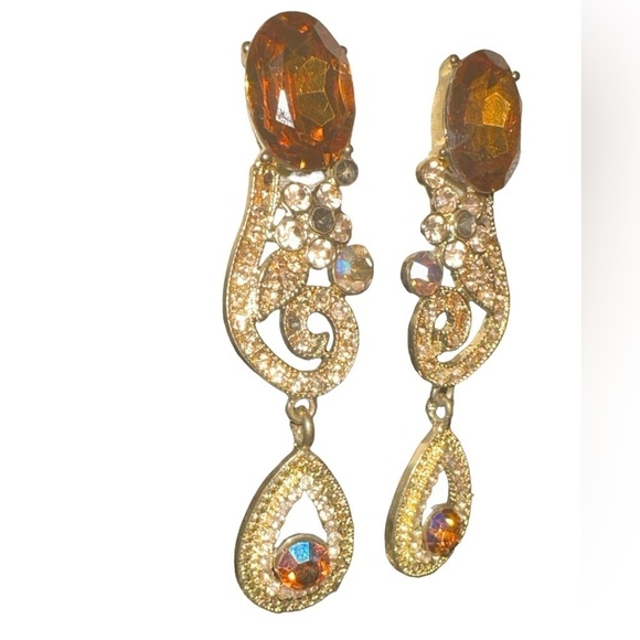 3 1/4” statement copper rhinestone pierced earrings with goldplate setting. - Picture 2 of 8